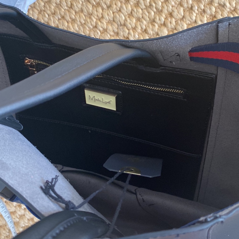 NWT Moda Luxe Black Dutchess Tote Bag - black with red and navy striped ribbon - Picture 7 of 7